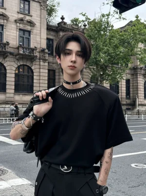 Black Midnight Halo spike collar oversized streetwear T-shirt worn by male model in an urban street setting