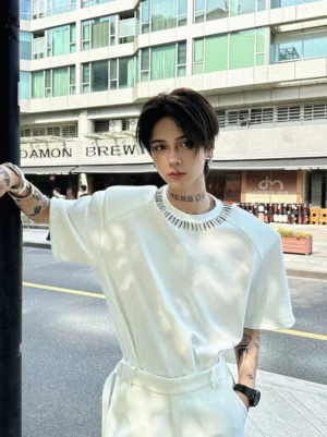 White Midnight Halo spike collar oversized streetwear T-shirt side view with relaxed drop shoulder fit