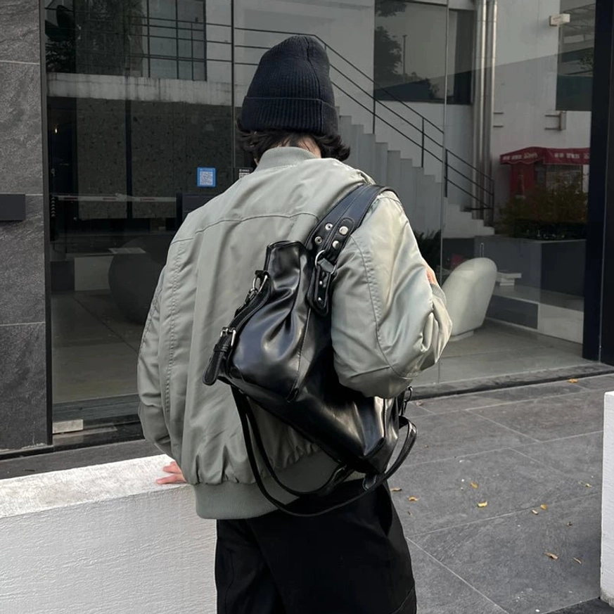 Midnight rivet black faux leather streetwear crossbody tote bag black color variant product image