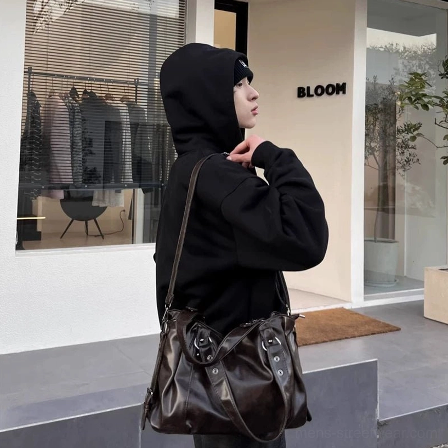 Midnight rivet faux leather streetwear crossbody tote bag brown color variant product image