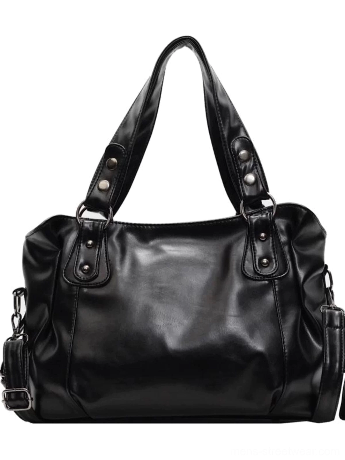 Midnight rivet faux leather streetwear crossbody tote bag front product view with glossy black finish