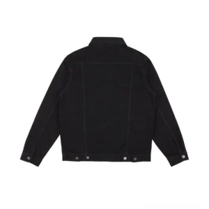 Midnight washed black denim trucker jacket back view showing rear yoke stitching and adjustable side hem snaps
