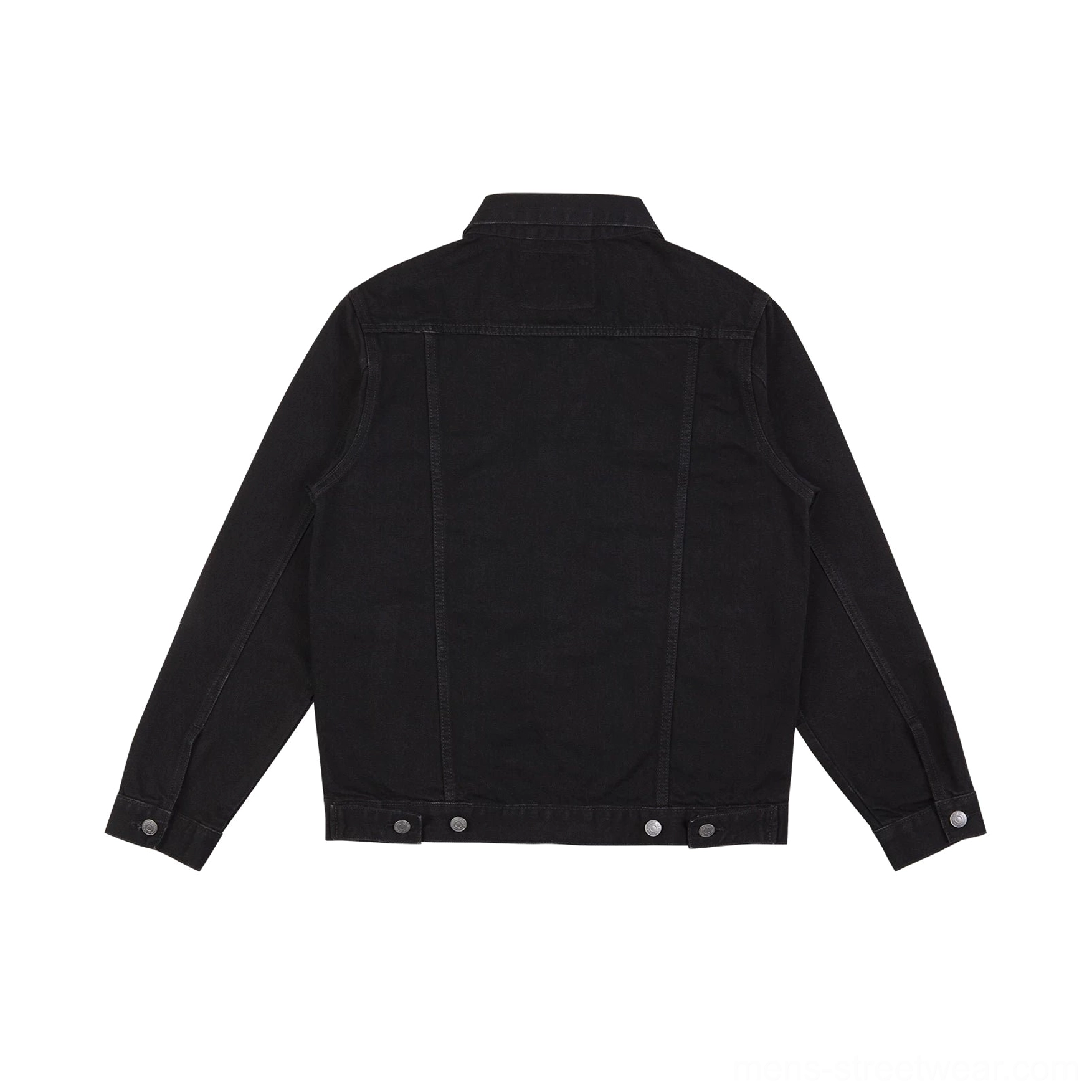 Midnight washed black denim trucker jacket back view showing rear yoke stitching and adjustable side hem snaps