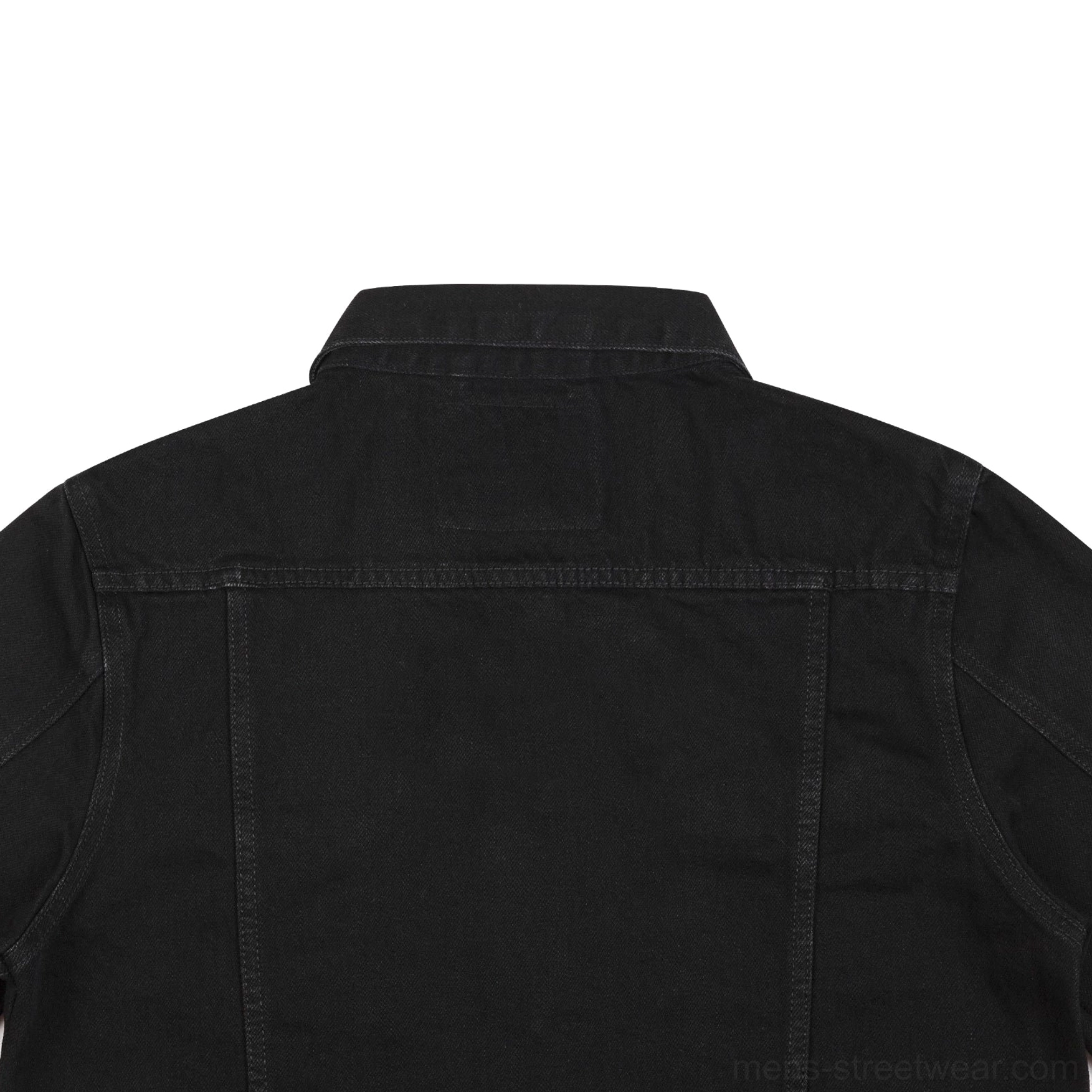 Rear close-up of black denim trucker jacket showing classic back yoke construction and collar finishing