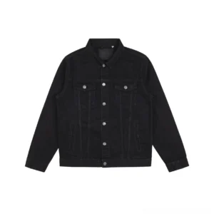 Midnight washed black denim trucker jacket front flat lay with pointed collar snap buttons and flap chest pockets