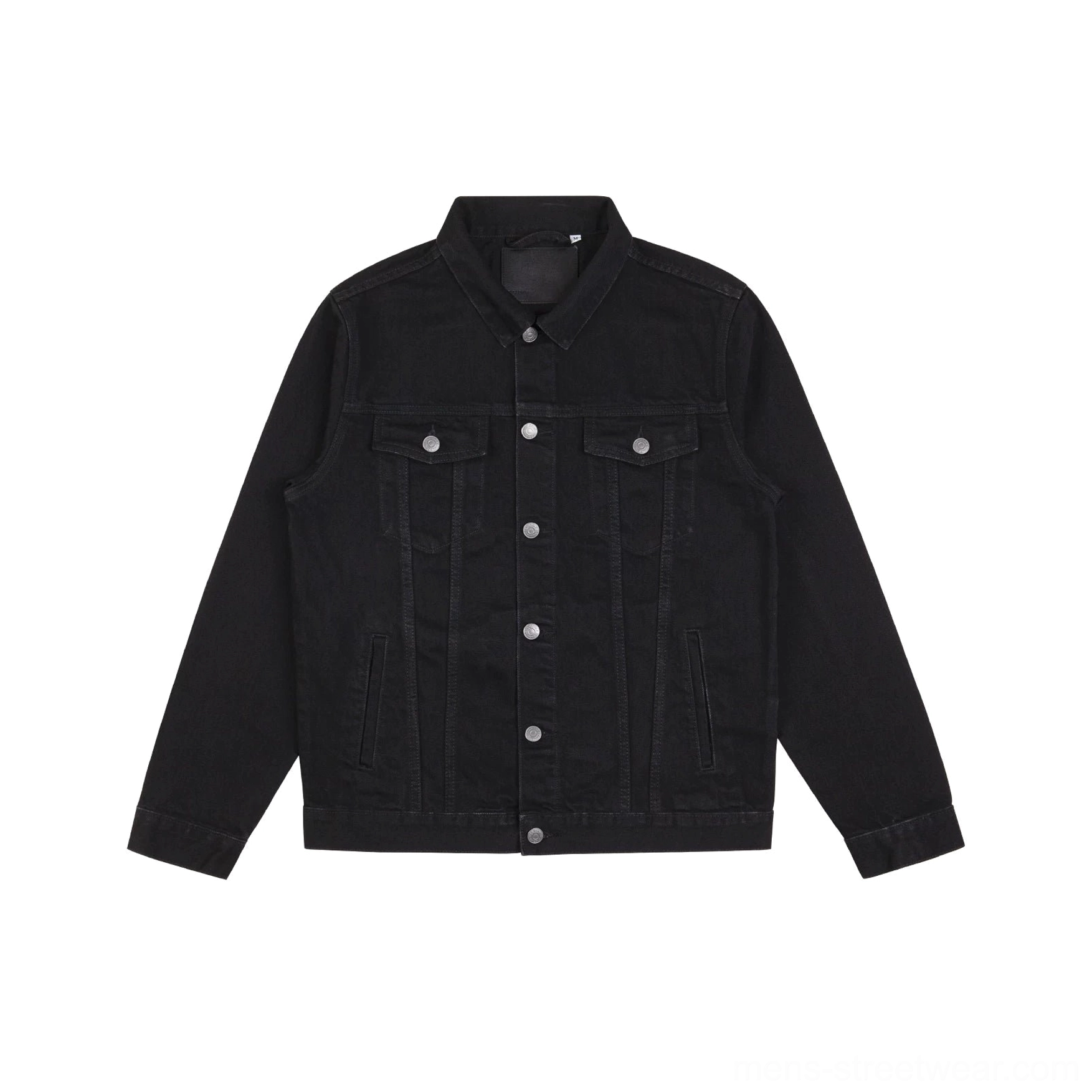Midnight washed black denim trucker jacket front flat lay with pointed collar snap buttons and flap chest pockets