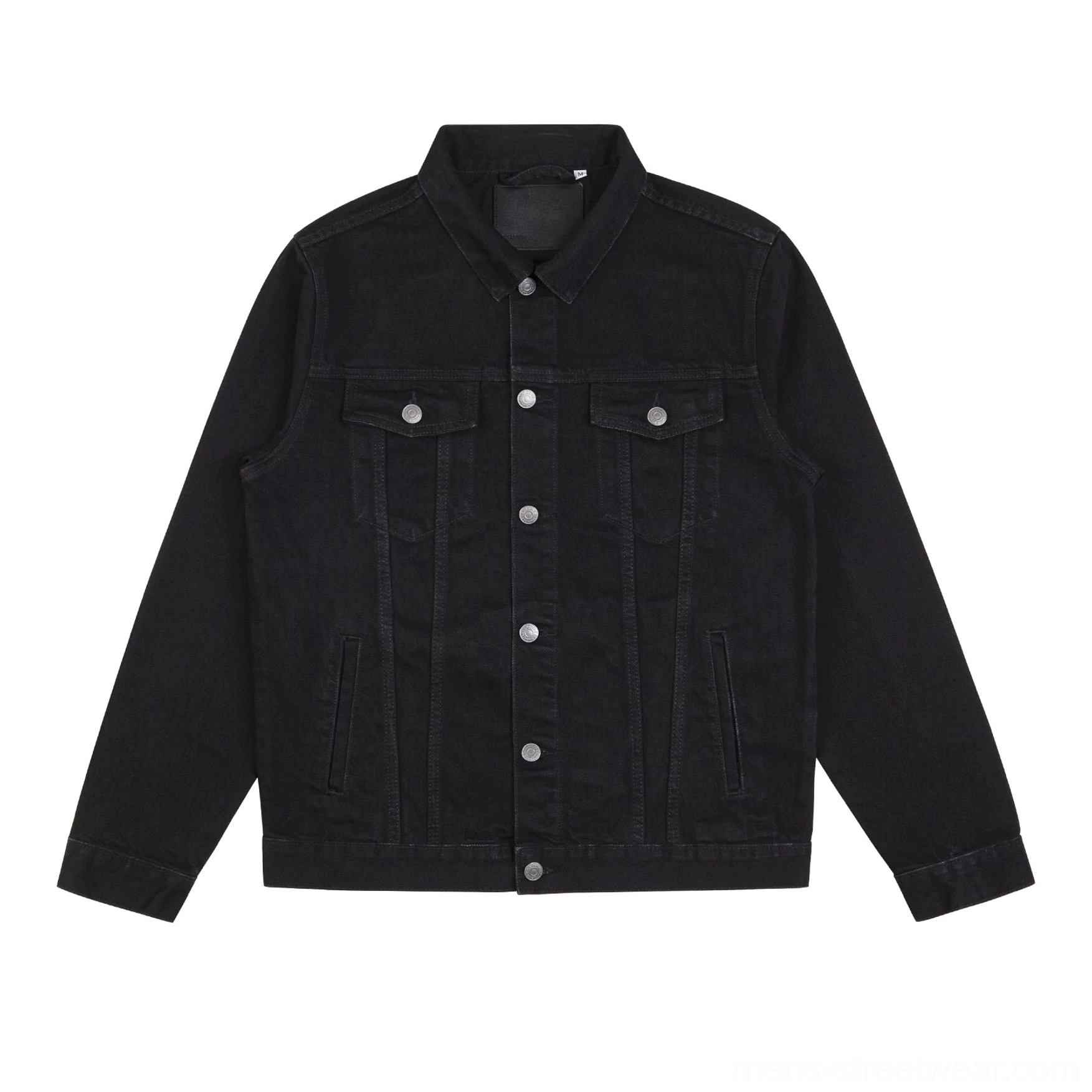 Full front view of washed black denim trucker jacket with aligned flap pockets snap placket and long sleeves