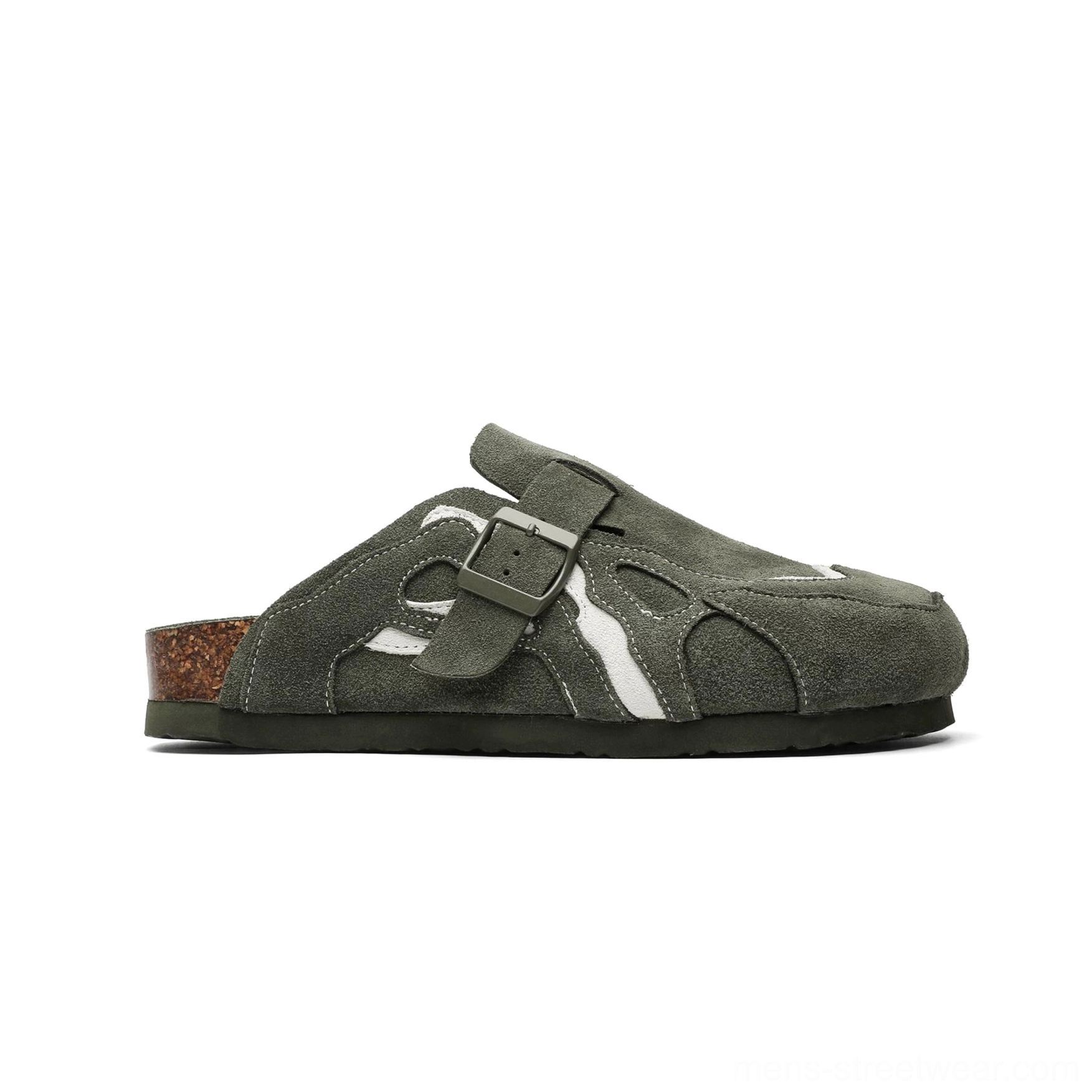 Military green suede buckle cork footbed clogs with layered panels, open-back mule shape, and utility streetwear design