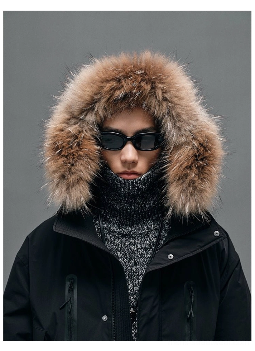 Minimal black hooded white duck down coat with detachable fur collar for monochrome Korean fashion outfits