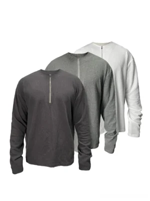 Three color options of a minimalist half-zip long-sleeve sweatshirt in white gray and black Korean streetwear style