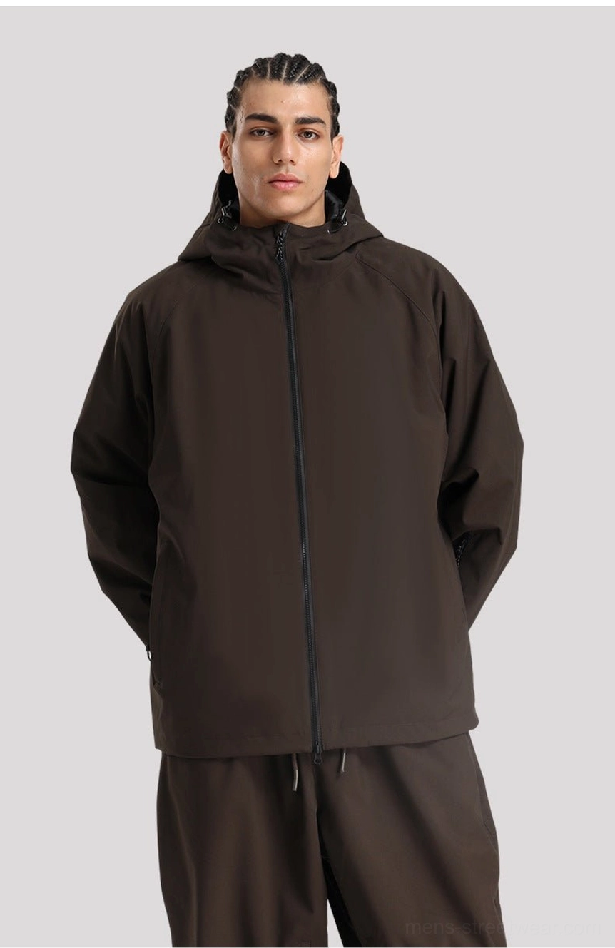 Minimal hooded snow shell jacket combining outdoor utility with modern Seoul-inspired streetwear styling
