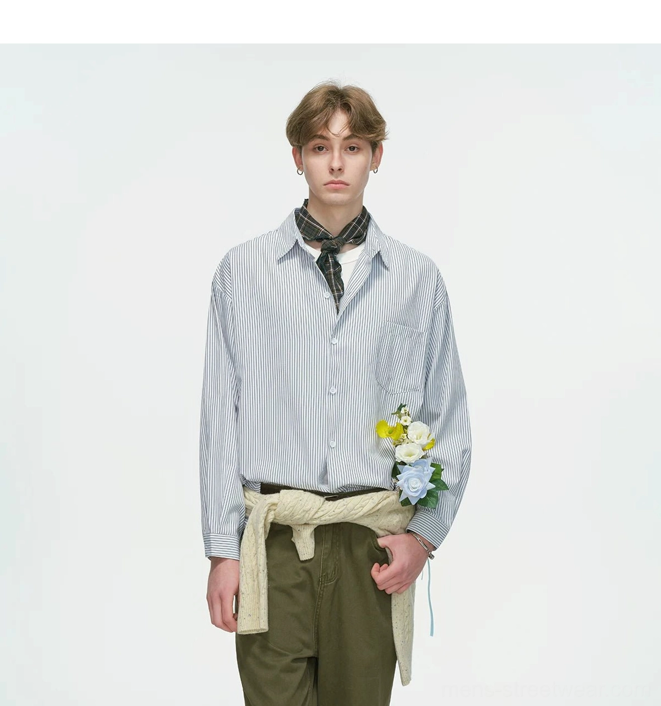 Minimal Korean fashion striped overshirt with a clean collar, button placket, chest pocket, and easy oversized silhouette