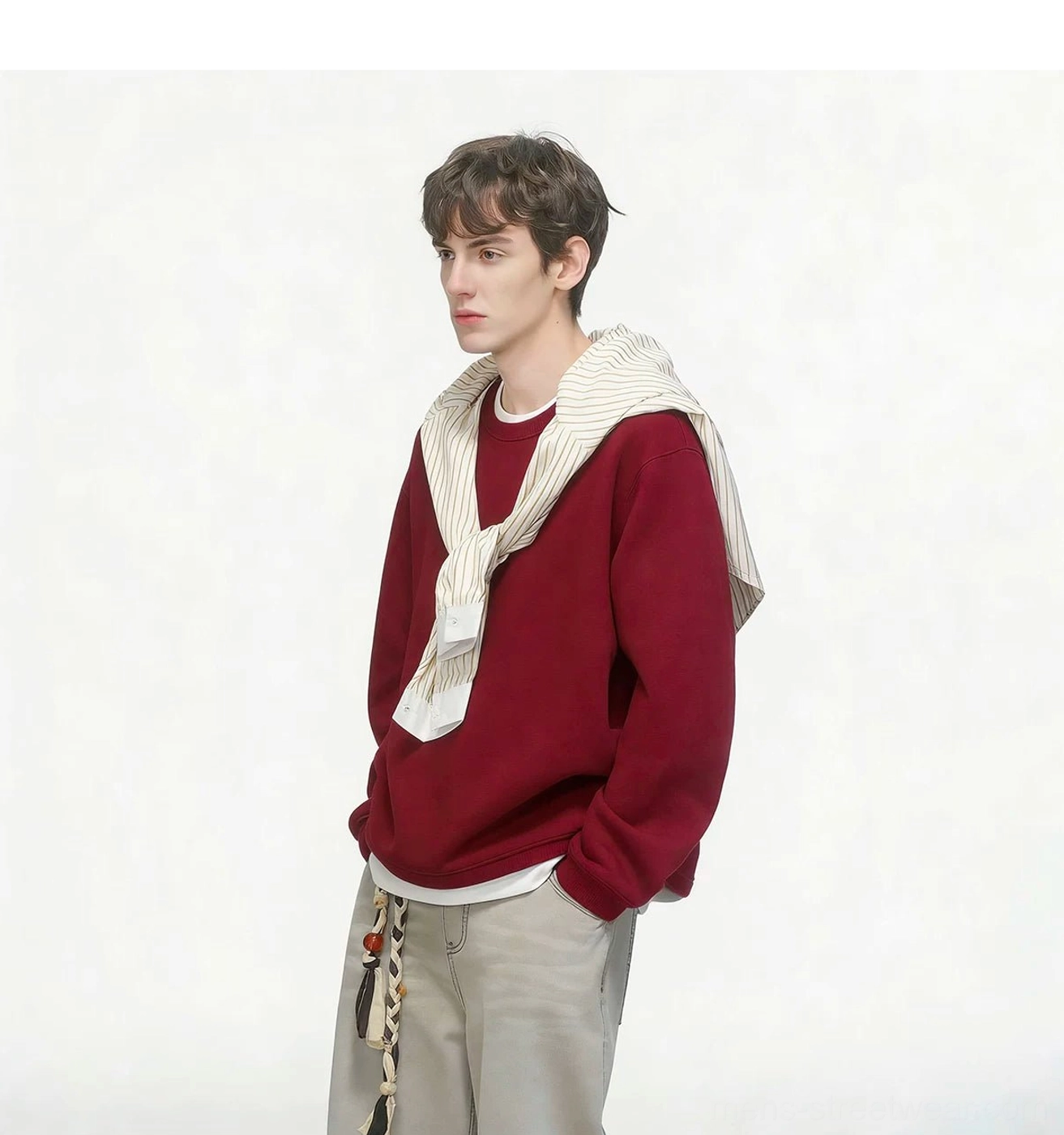 Minimal men's Korean fashion sweatshirt with faux white undershirt layer, smooth fabric surface, and oversized casual proportions
