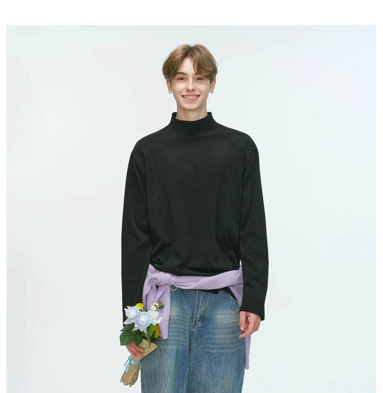 Minimal men's mock neck streetwear top designed for layered Seoul fashion outfits and contemporary East Asian styling