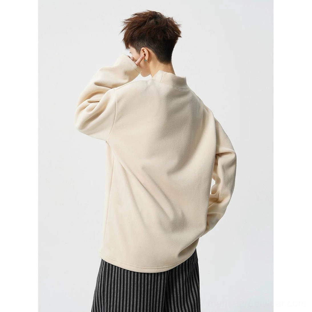 Minimal solid color mock neck fleece sweatshirt with comfortable stretch and futuristic streetwear styling
