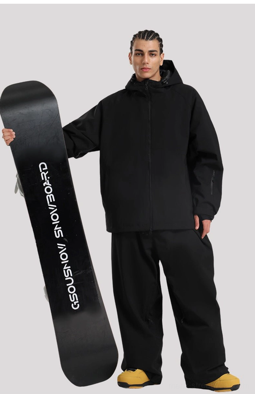 Minimal techwear snowboard shell jacket with hood, relaxed fit, front zipper, and functional outdoor streetwear construction