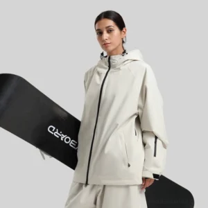 Off-white hooded outdoor shell jacket shown on a female model holding a snowboard, featuring a clean Korean streetwear silhouette and adjustable hood