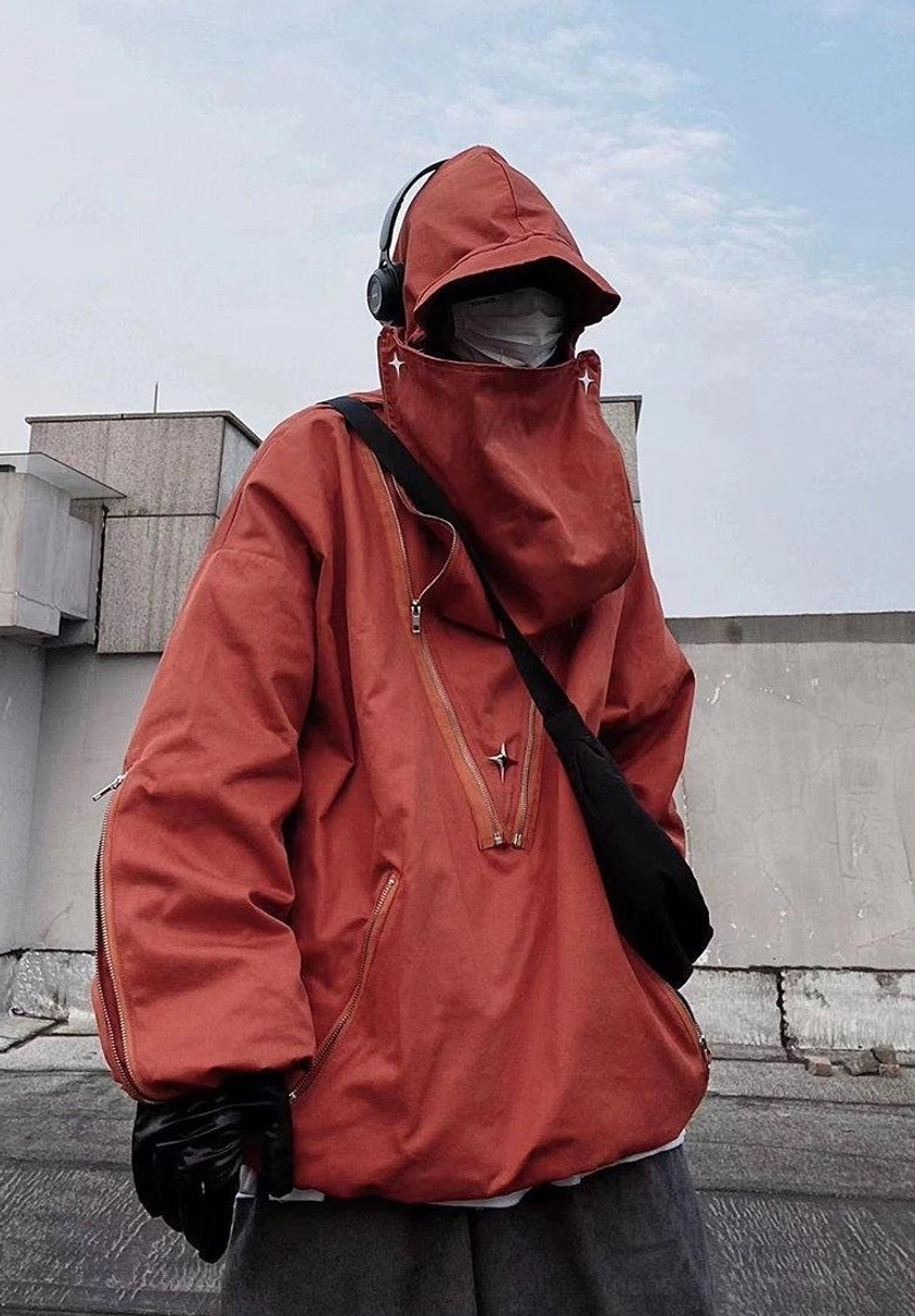 Minimal urban techwear jacket with oversized hood, high neckline, functional zippers, and versatile layered styling