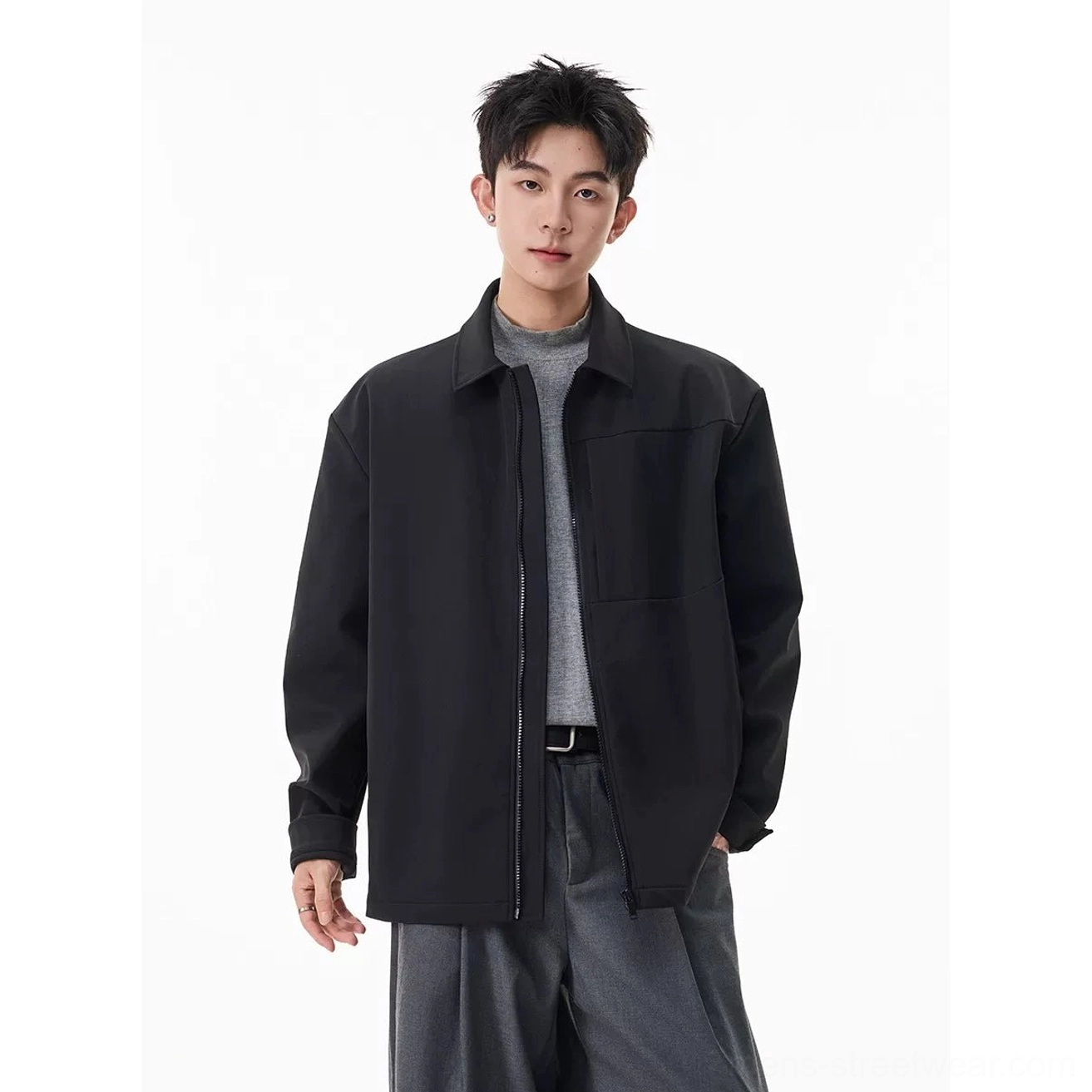 Black men's minimal zip shirt jacket with clean construction for contemporary techwear and urban layering