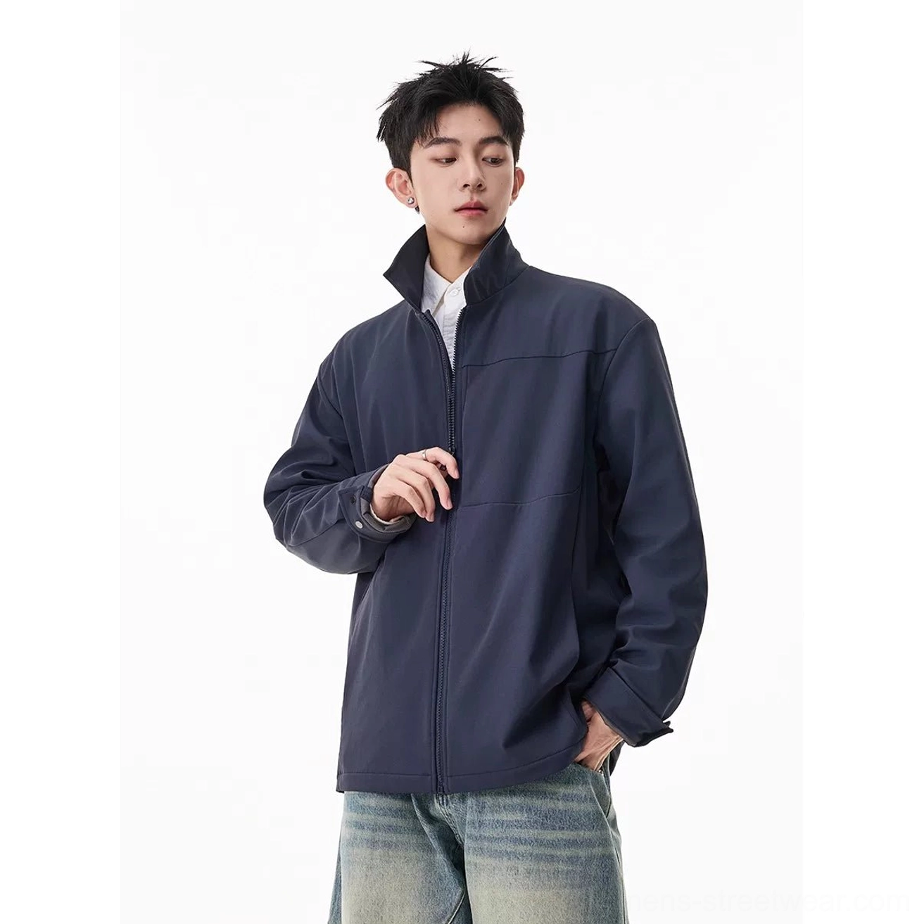 Navy blue men's minimal zip shirt jacket with relaxed fit for Korean streetwear and refined casual outfits