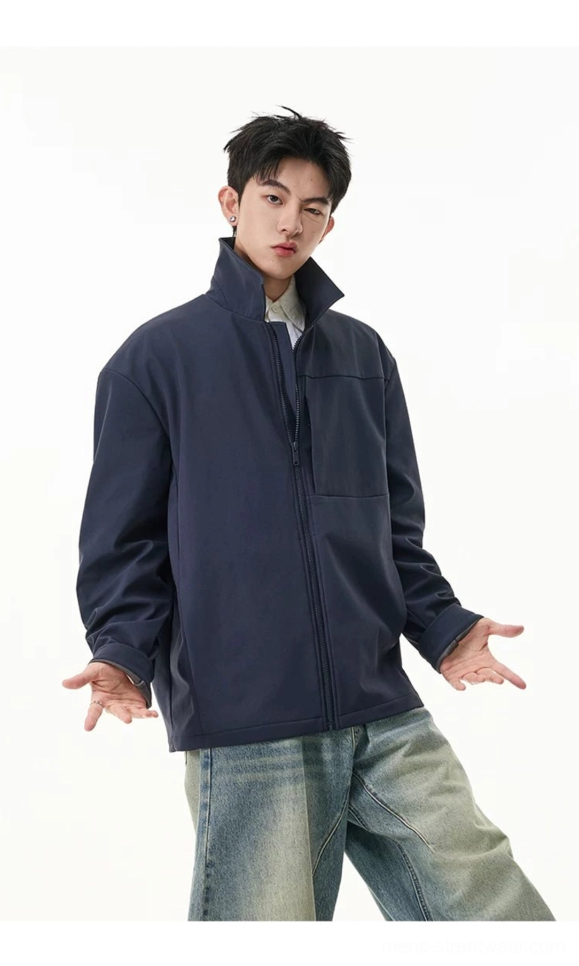 Versatile men's shirt jacket with relaxed sleeves and hip-length hem for Korean-inspired casual styling