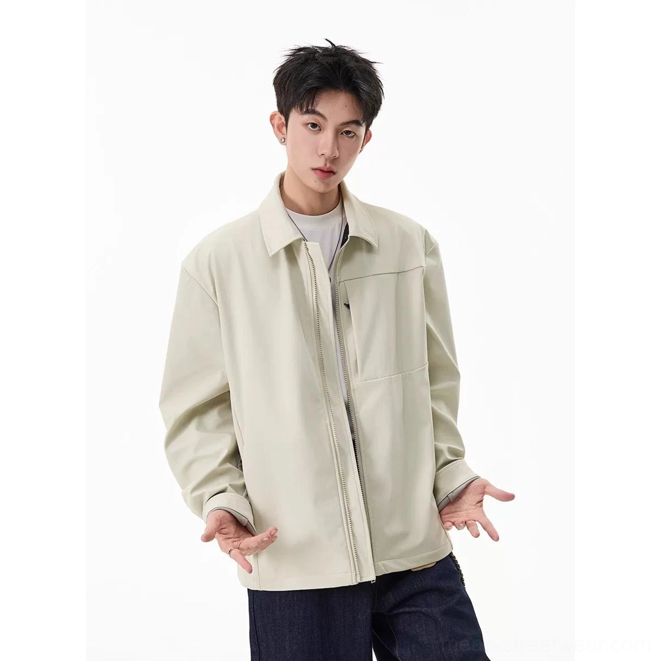 Minimalist men's zip-up overshirt designed for wide-leg trousers, denim, cargo pants, and modern streetwear