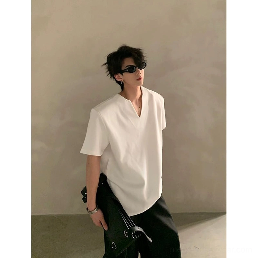 Minimalist Asian fashion V-notch neck shirt designed with a loose fit, modern proportions, and versatile everyday streetwear appeal