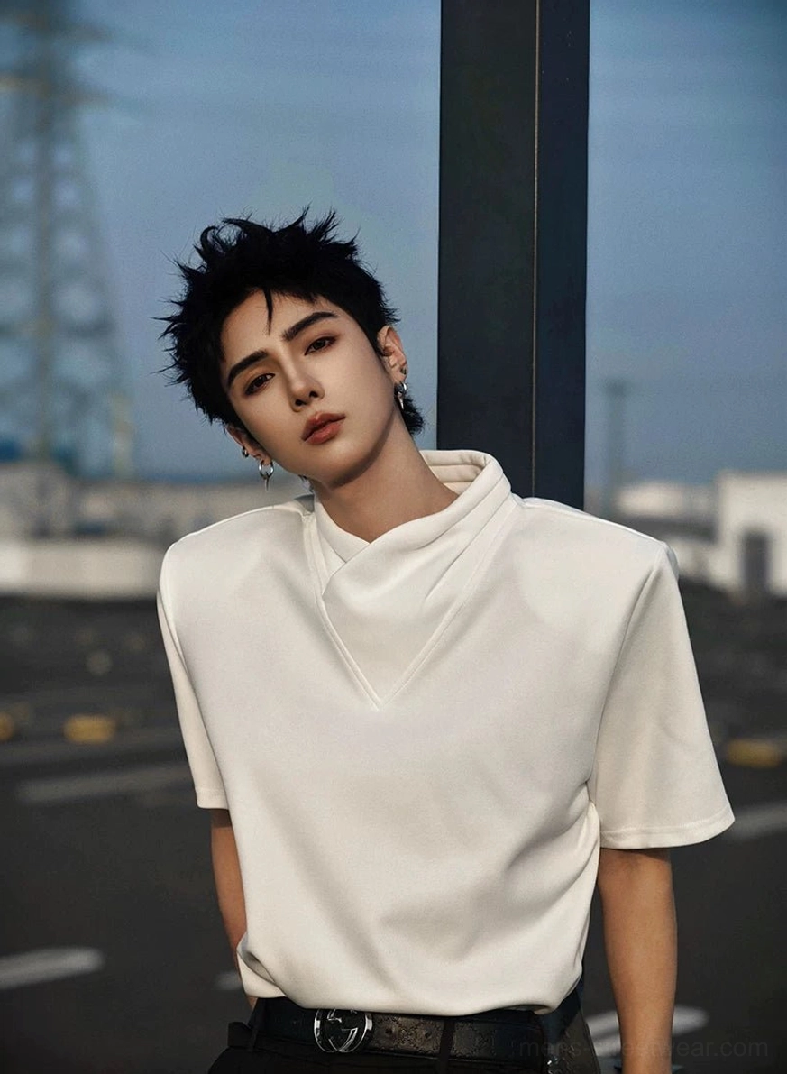 Minimalist asymmetric collar short sleeve T-shirt with origami-inspired front panel and contemporary Korean streetwear aesthetic