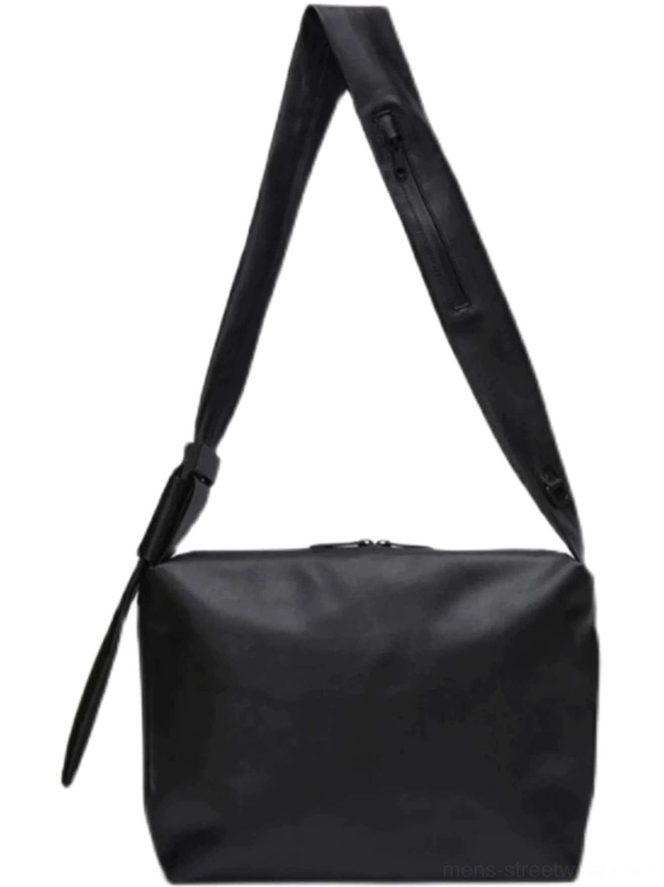 Black minimalist PU leather tech sling bag front product view with wide adjustable strap and strap zipper pocket