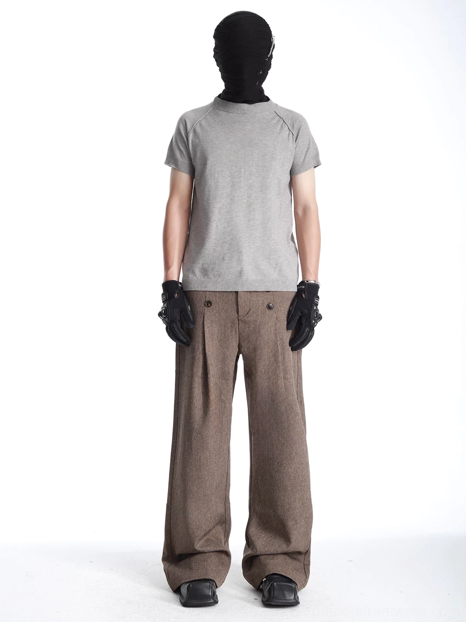 Full back view of minimalist camel brown wide-leg dress pants with clean tailored drape