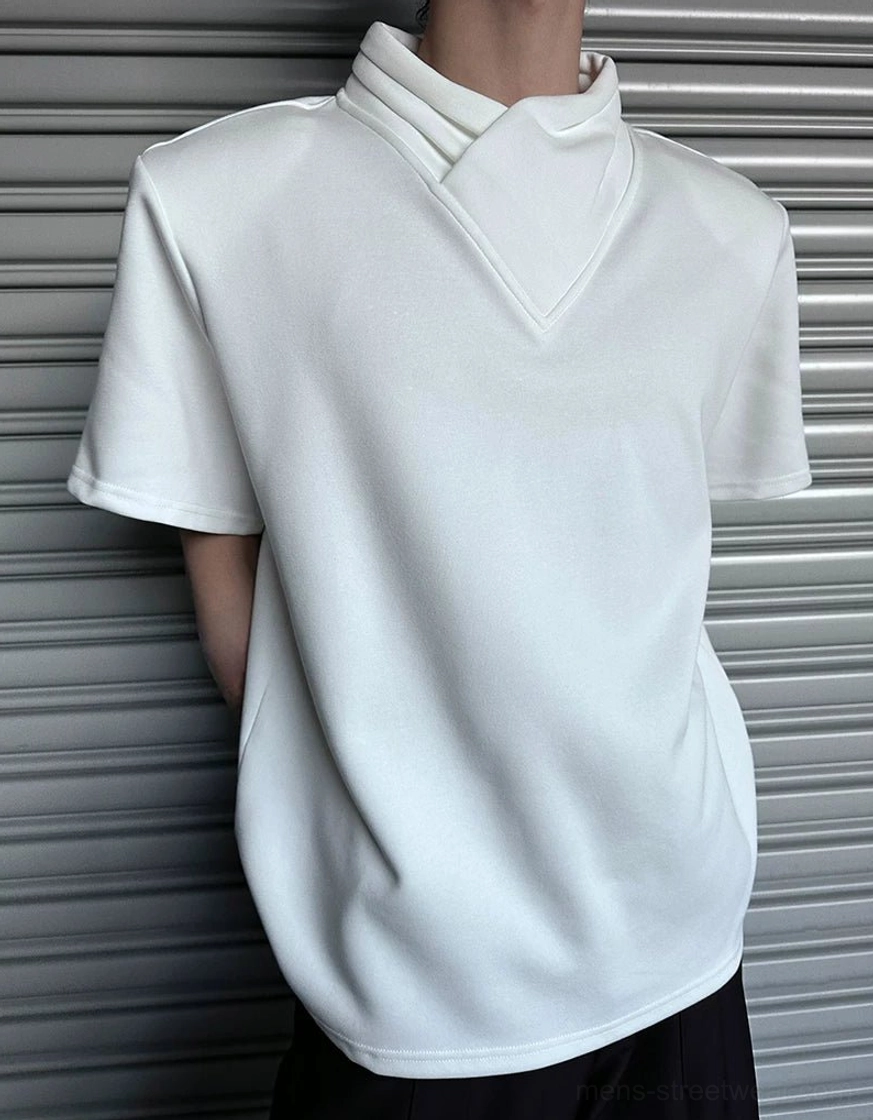 Unisex-inspired minimalist mock neck T-shirt with folded collar construction, relaxed silhouette, and modern techwear wardrobe appeal
