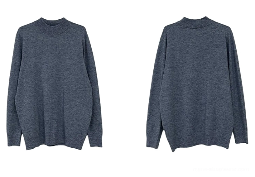 Dark heather blue minimalist mock neck knit sweaters flat lay showing clean long sleeve silhouette and fine knit texture