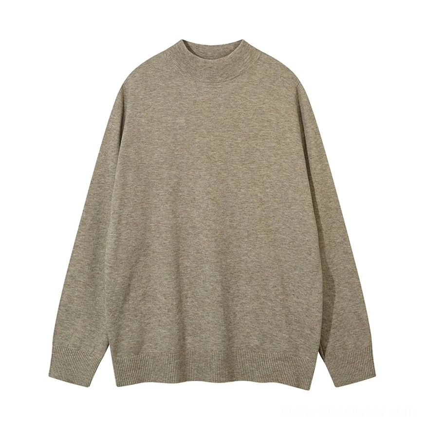 Khaki minimalist mock neck knit sweater for men with relaxed fit and refined ribbed knit details