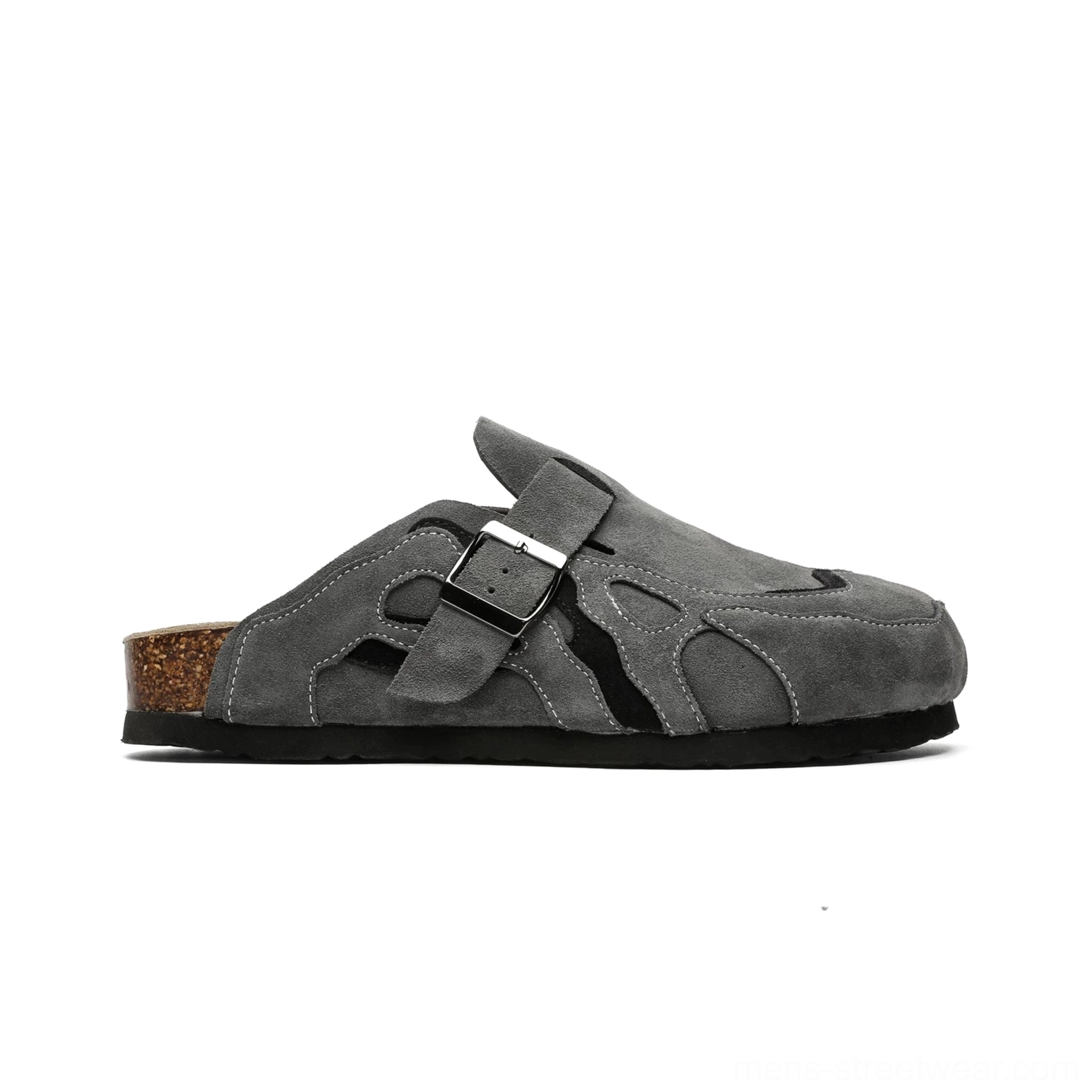 Minimalist dark neutral suede clogs designed for Korean fashion outfits, wide-leg trousers, cargo pants, and casual layering