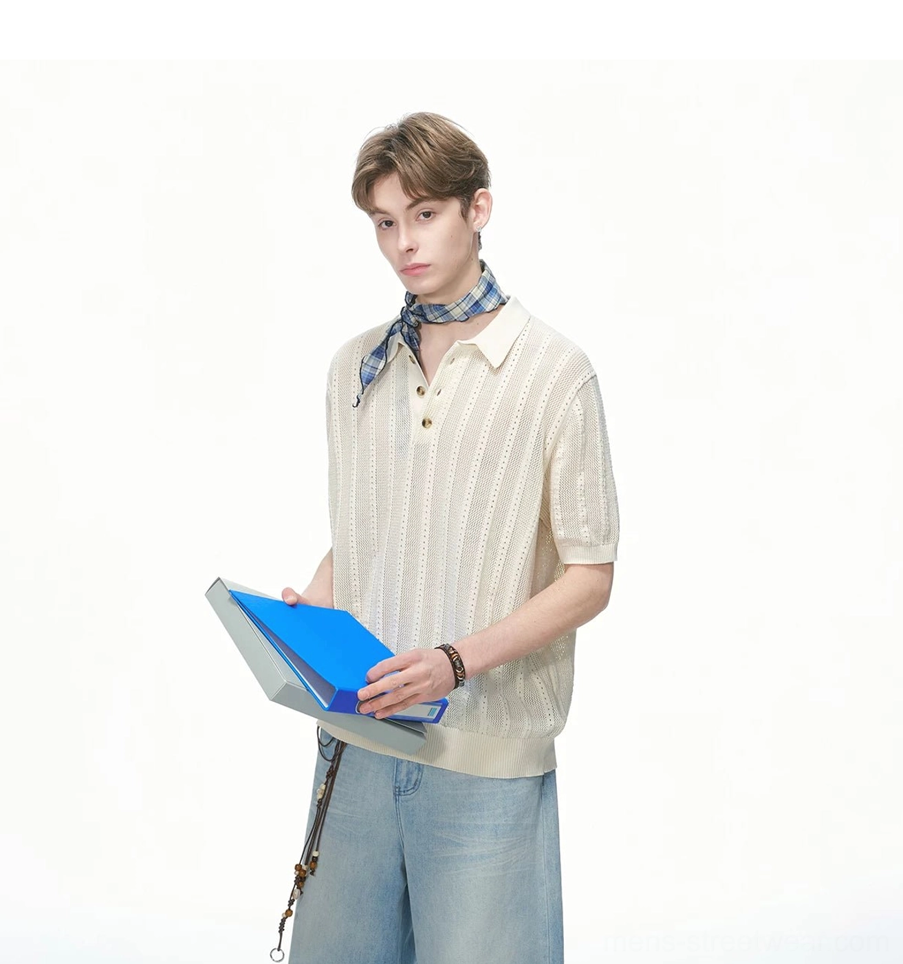 Minimalist pointelle knit polo shirt designed for Korean fashion, Seoul streetwear, and relaxed everyday styling