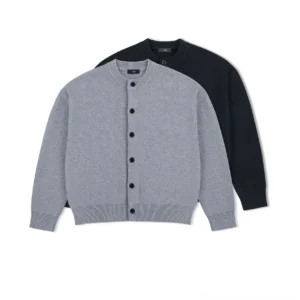 Minimalist ribbed knit cardigan in ash gray and black shown from the front on a white background