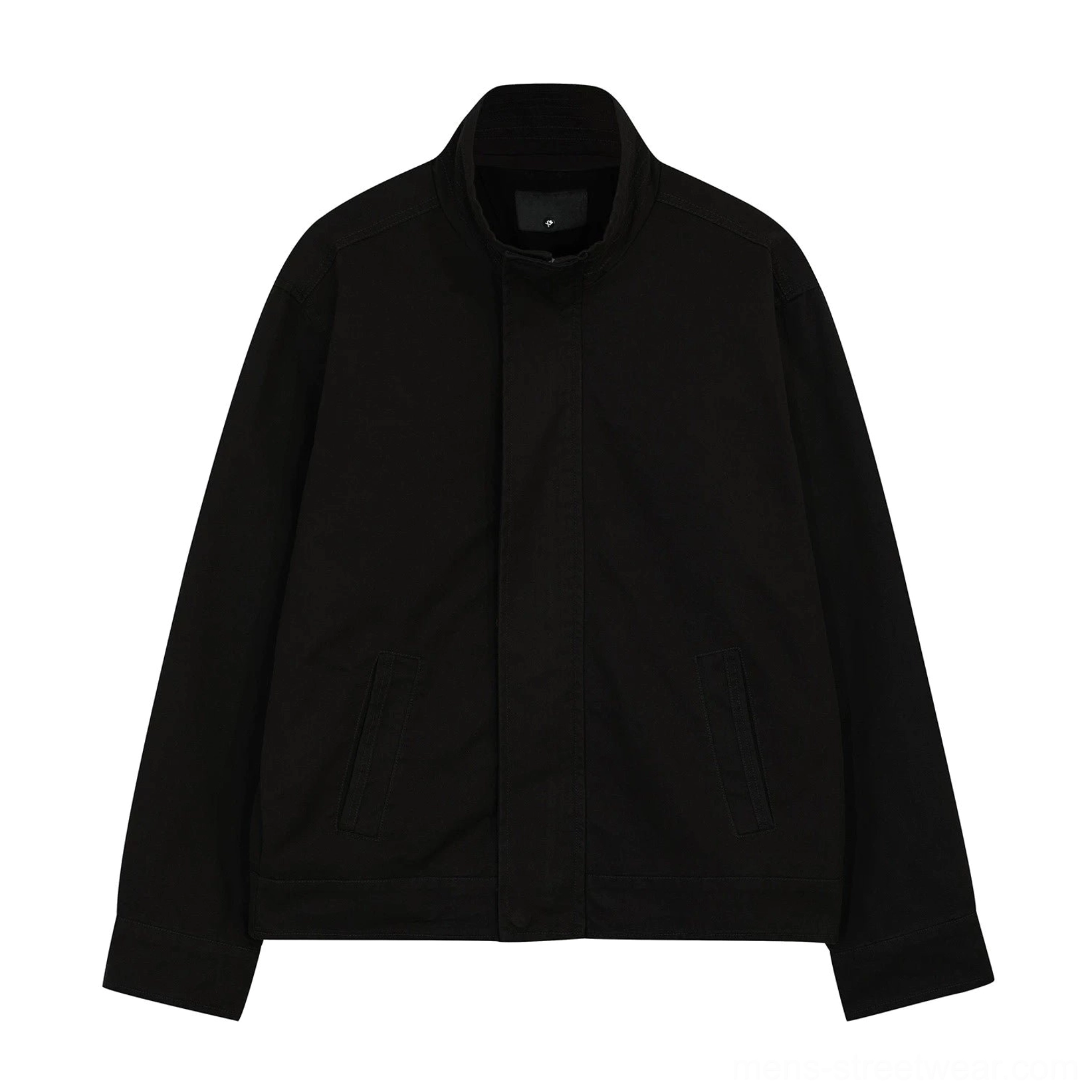 Black matte stand collar zip jacket flat lay showing concealed front closure side pockets and straight hem
