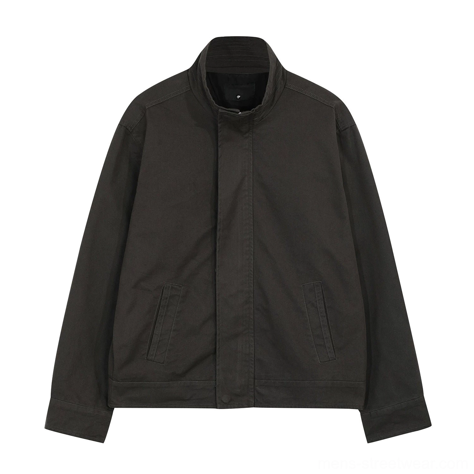 Deep brown matte stand collar zip jacket flat lay showing clean front placket side pockets and straight hem