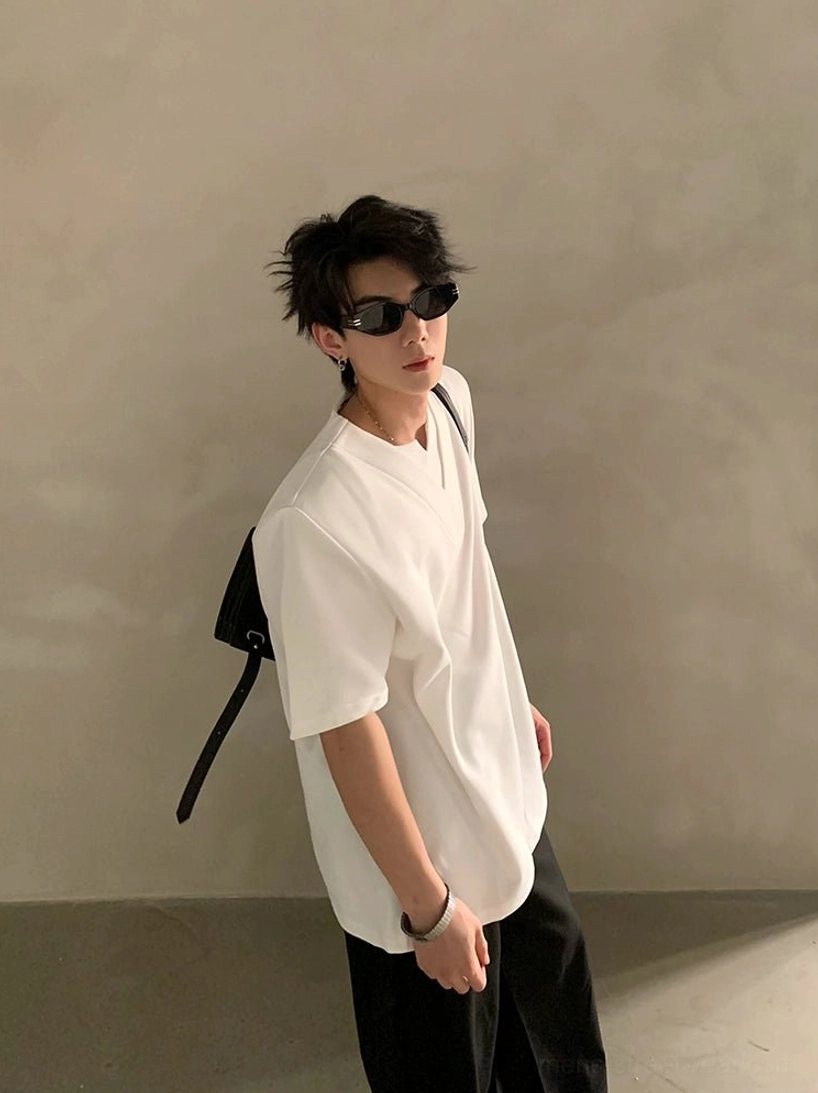 Minimalist V-notch neck shirt product view highlighting the clean neckline, relaxed streetwear silhouette, and smooth modern fabric