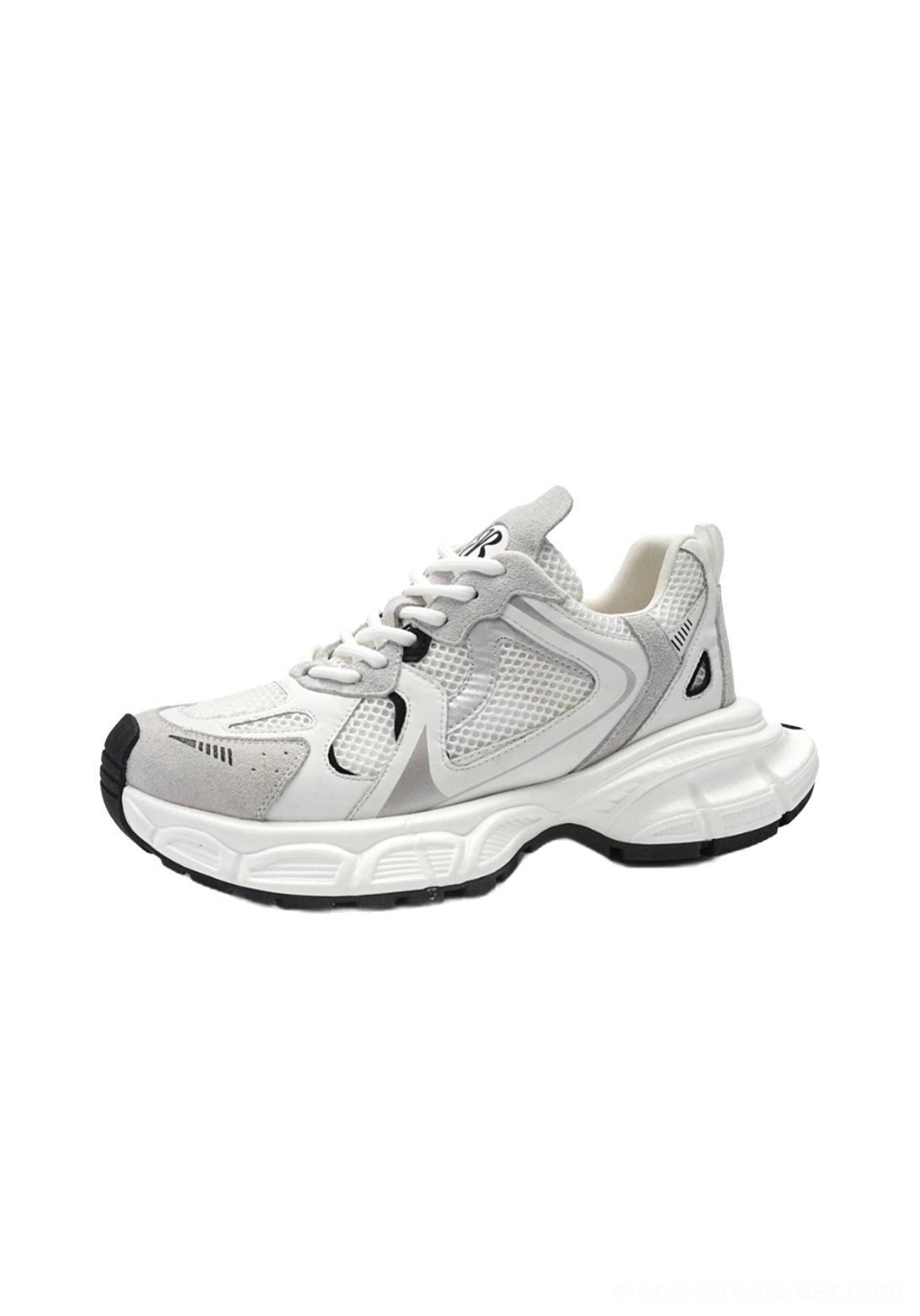 Minimalist white and gray retro running sneakers with subtle black accents and suede-style toe cap