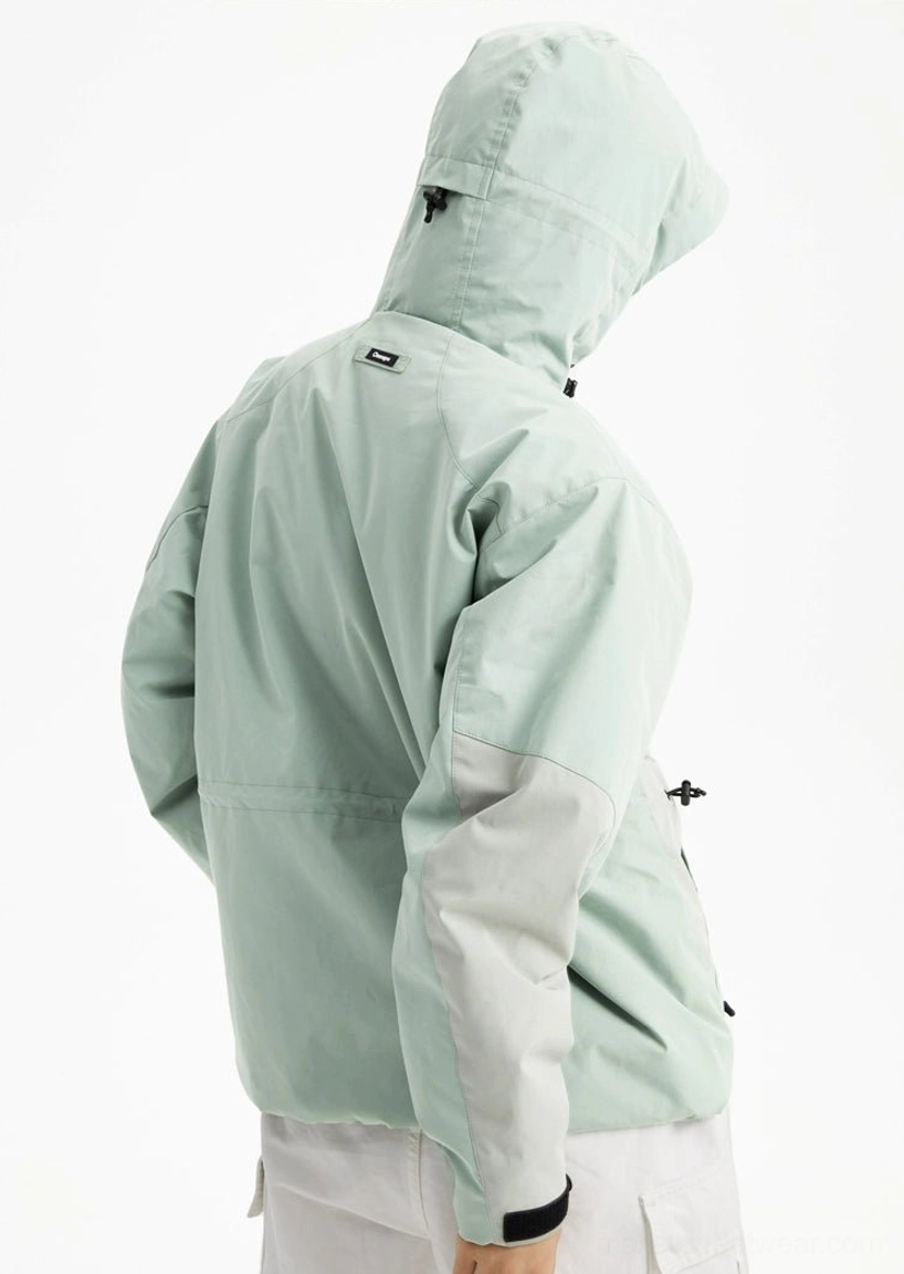 Back view of a mint green hooded outdoor jacket showing the attached hood, sleeve details, and clean relaxed silhouette