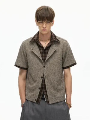Mocha plaid layered knit shirt in heather grey shown in a full front studio outfit view