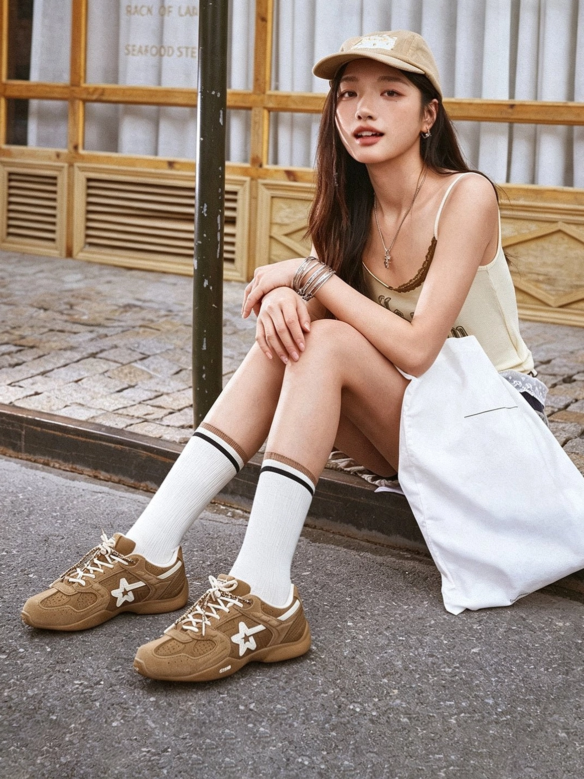 Unisex mocha brown retro star sneakers styled with a vintage preppy outfit and checkered skirt