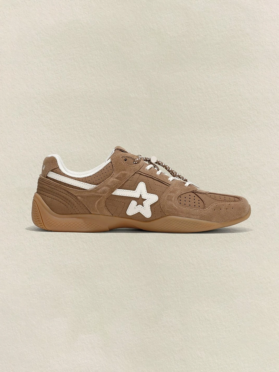 Mocha suede star panel retro sneakers product image highlighting the low profile silhouette, cream detailing, and gum sole