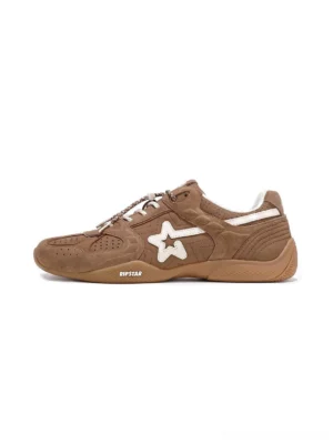 Mocha brown suede star panel retro sneakers shown in a side flat lay with cream star detail and perforated toe box