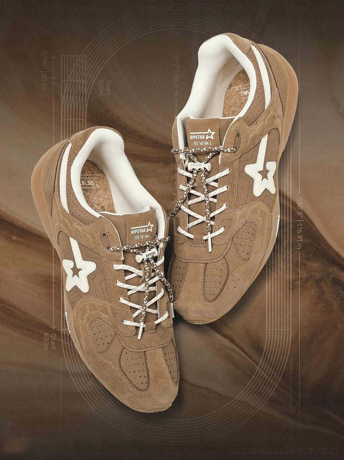 Pair of mocha brown star panel retro sneakers displayed from above with contrast lining and layered laces