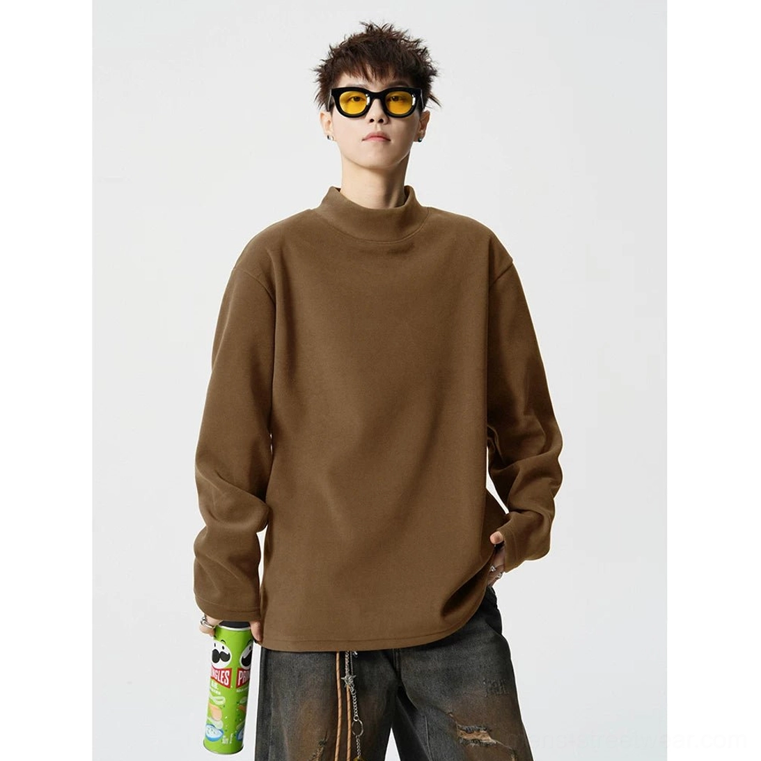 Boxy mock neck fleece streetwear top product image showing minimalist solid color design