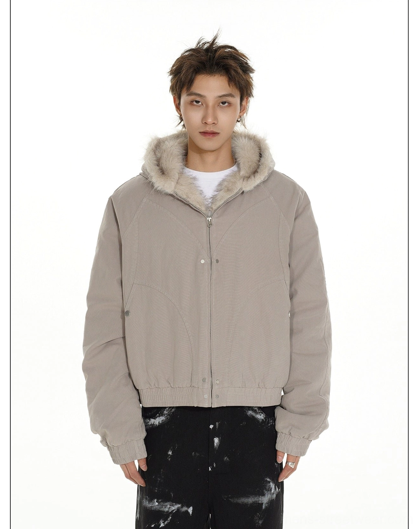 Modern cropped bomber jacket with plush faux fur hood lining for Korean streetwear and cold weather layering
