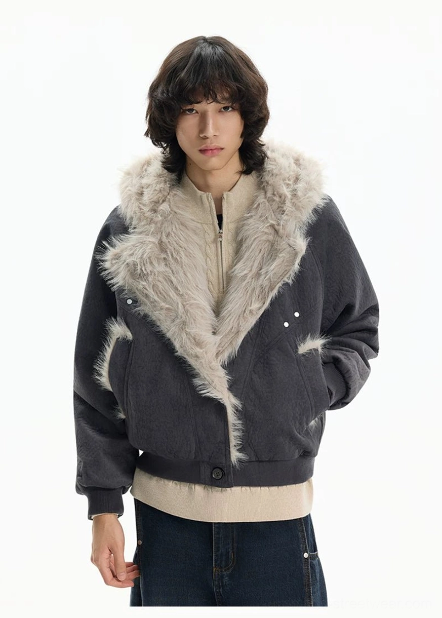 Modern faux fur bomber jacket with cropped silhouette ribbed edges and statement Korean fashion styling