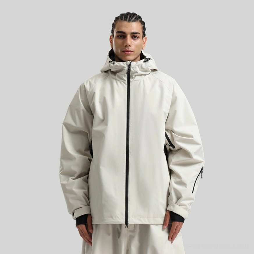 Modern hooded snowboard shell jacket for men combining functional winter details with Korean streetwear and gorpcore style